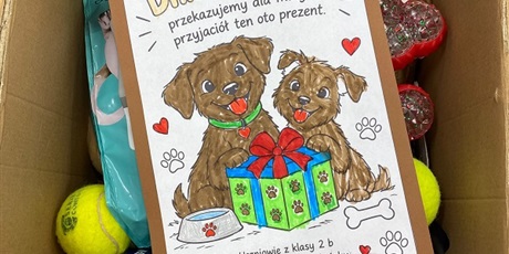 Powiększ grafikę: Paczka z laurką i zabawkami.